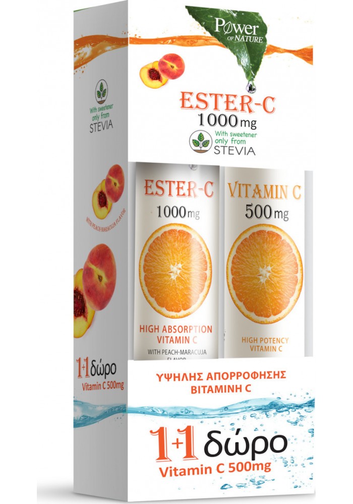 Power Of Nature Ester C 1000mg 20 αναβράζοντα δισκία & Vitamin C 500mg 20 αναβράζοντα δισκία Ροδάκινο Πορτοκάλι